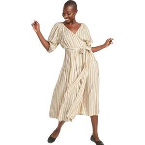Old Navy Dress Womens 3X Tan White Midi Striped Wrap Belted Puff Sleeve Beachy